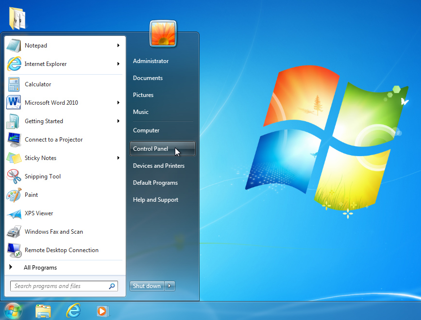 opening the control panel on Windows 7