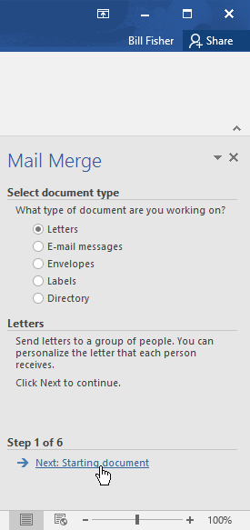 completing step 1 of the mail merge