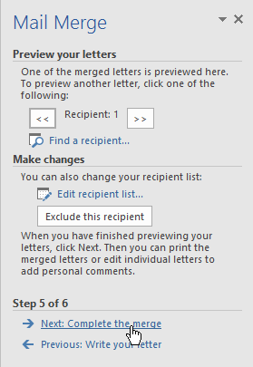 completing step 5 of the mail merge