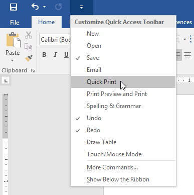 adding the Quick Print command to the Quick Access Toolbar