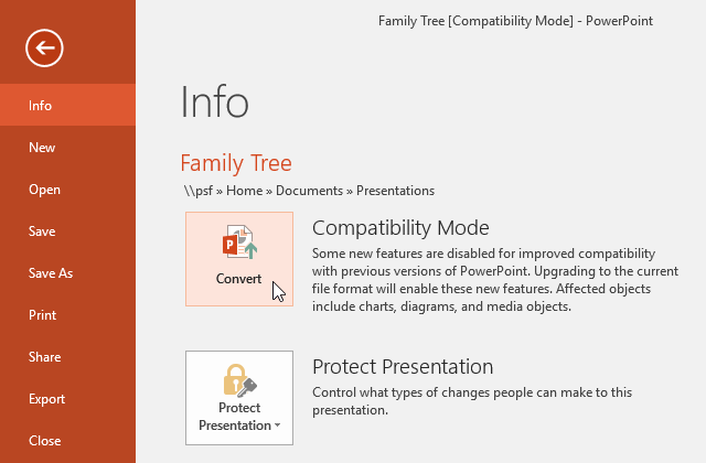 Converting the presentation to the newest file type - www.office.com/setup