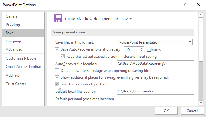 Changing the default save location - www.office.com/setup