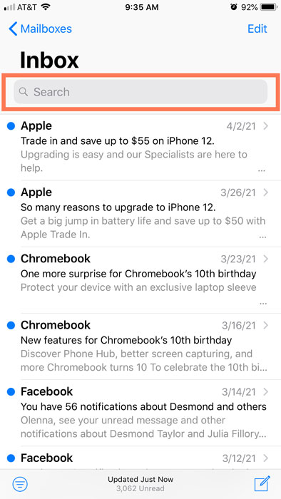 Search bar in Mail app