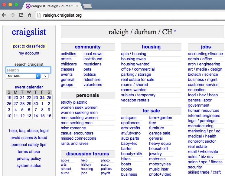 the craigslist home page.