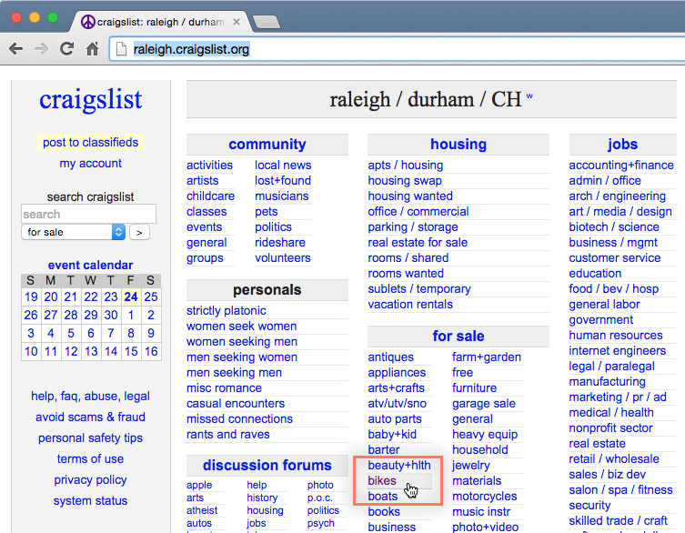 navigating to the bikes for sale section on Craigslist