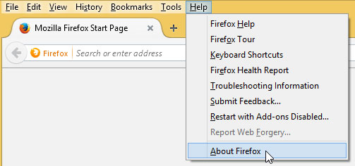 Klikken op Over Firefox