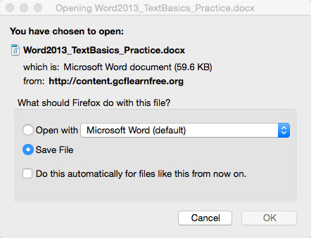 Kotak dialog dengan pilihan untuk Open with atau Save File as