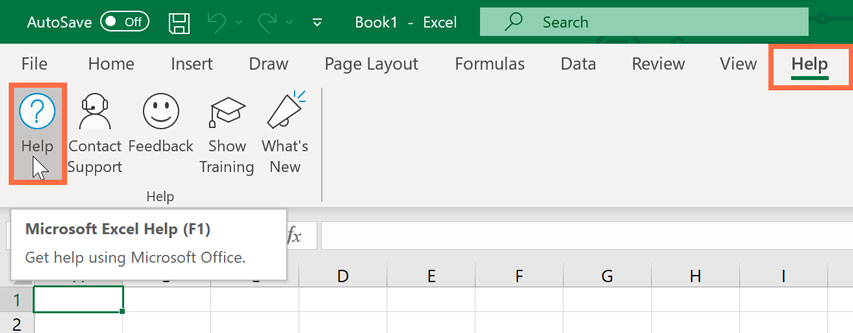 Help tab then the Help button in Excel