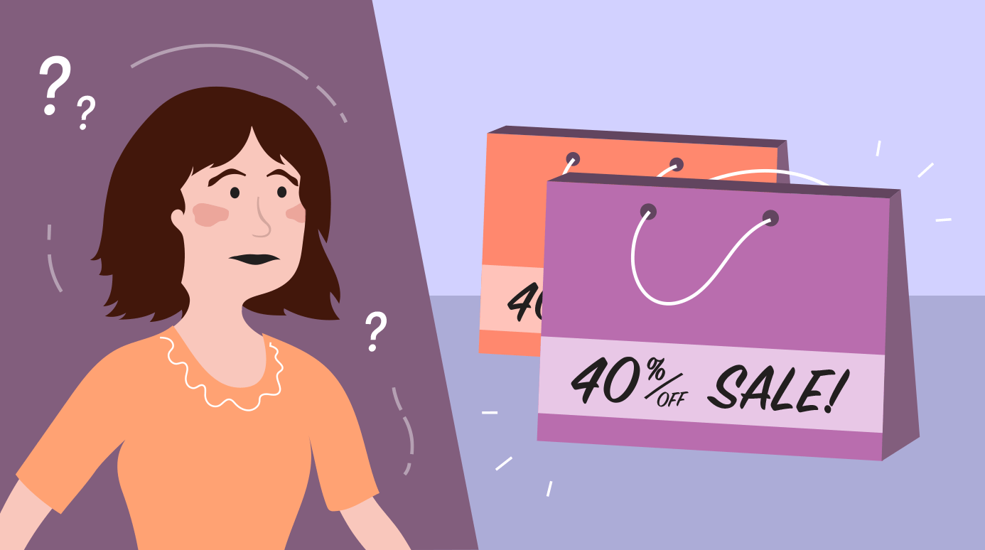 illustration of someone thinking about buying something on sale