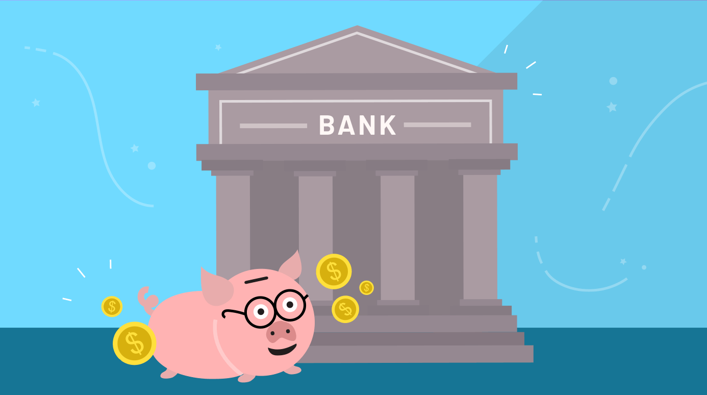 illustration of a piggy bank outside of a bank building