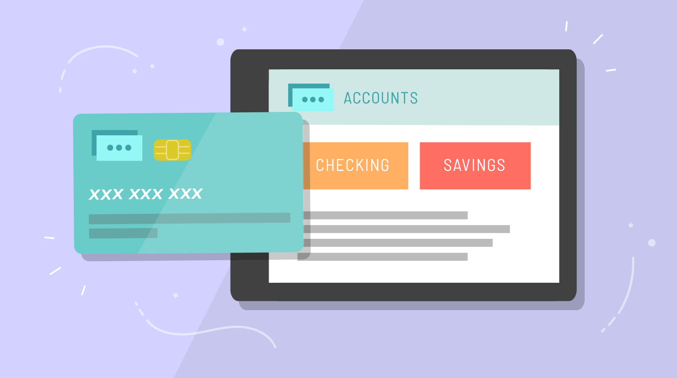 Money Basics Managing A Checking Account - illustration of a debit card and a tablet showing a bank app