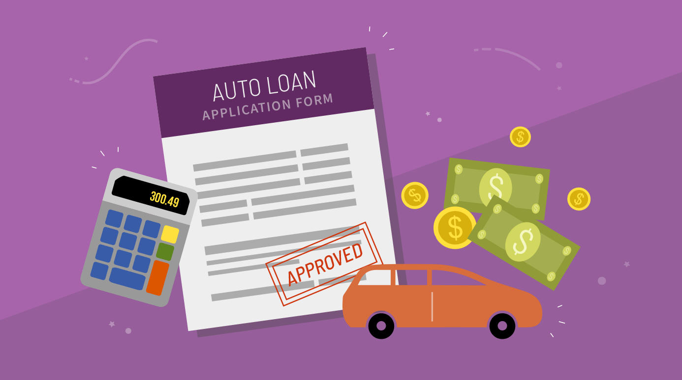 illustration of a car loan with a calculator, money, and a car beside it