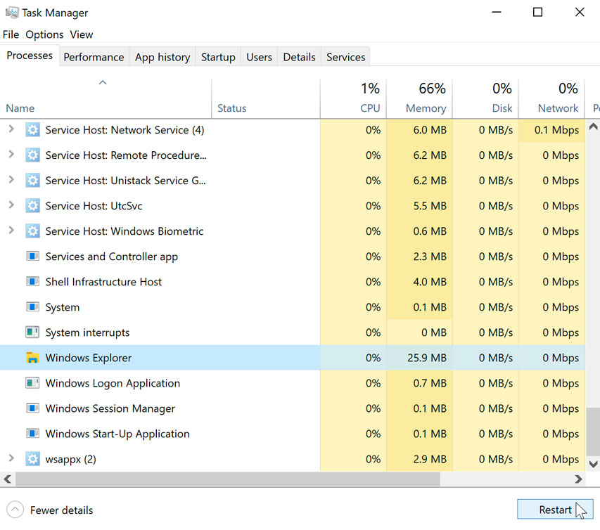 riavvio di Windows Explorer in Windows 10