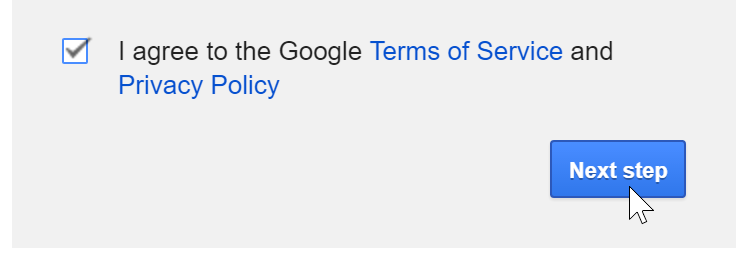 Clicking the Terms of Service and Privacy Policy check box, then clicking Next step