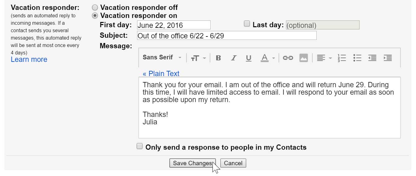 mailbird vacation responder