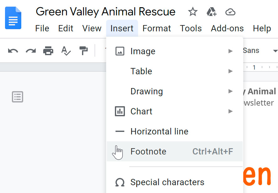 selecting footnote from the insert drop-down menu