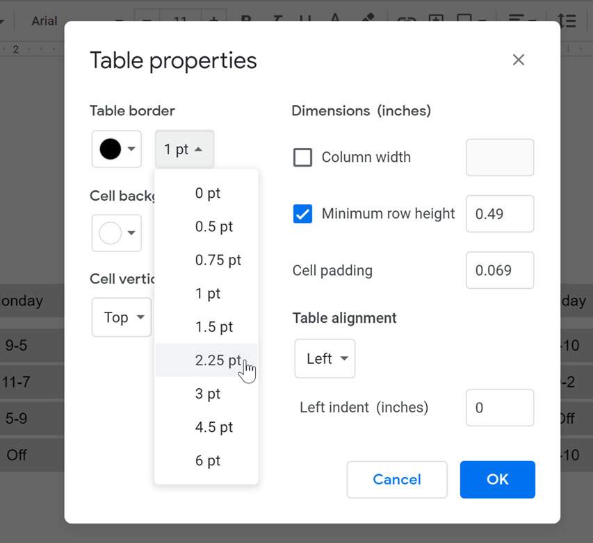 modifying the border size