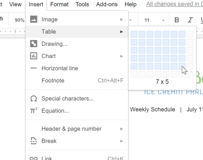 Schedule Aptitude Mathis Google Docs: Working with Tables