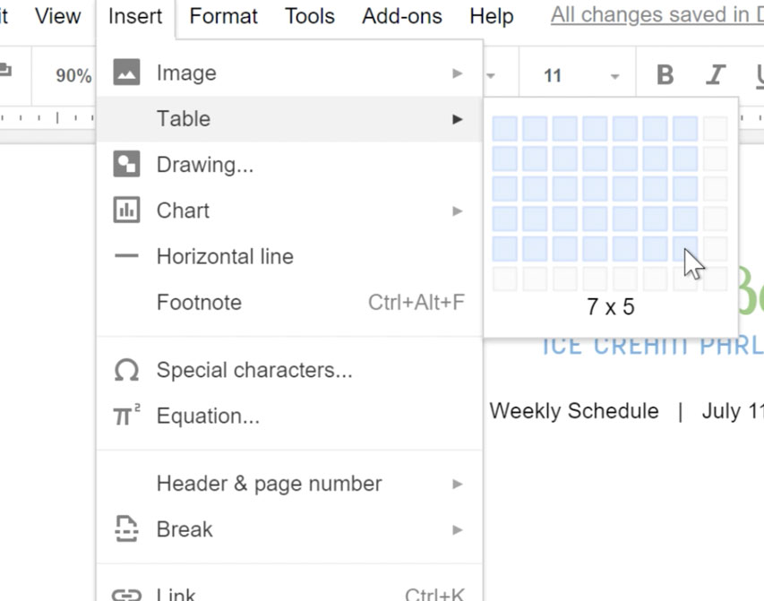 Google Docs Working with Tables