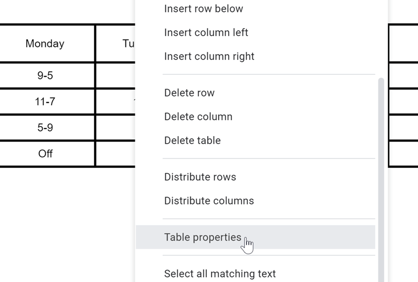 clicking Table properties