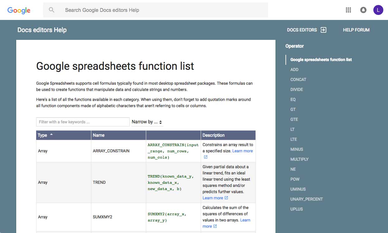The Google Spreadsheets function list