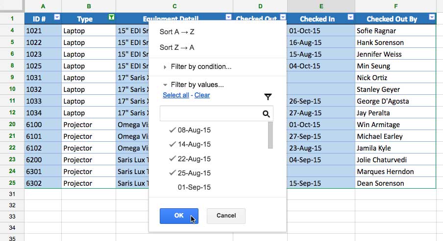 Google Sheets Sorting and Filtering Data