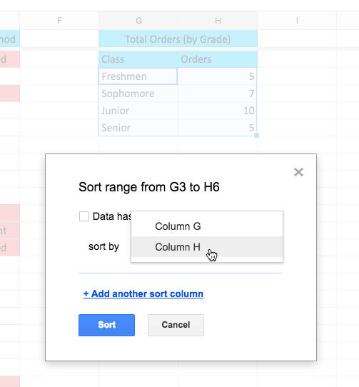 Setting the sort range options