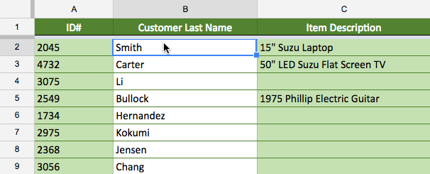 Selecting a cell in the desired column