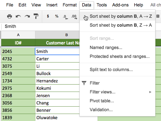 Selecting Sort sheet by A to Z