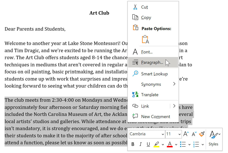 right-clicking in Microsoft Word to show formatting options