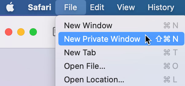 selecting New Private Window using Safari