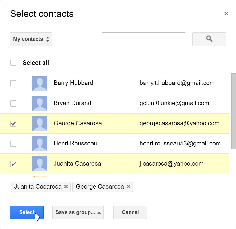 Selecting recipients from the contacts list