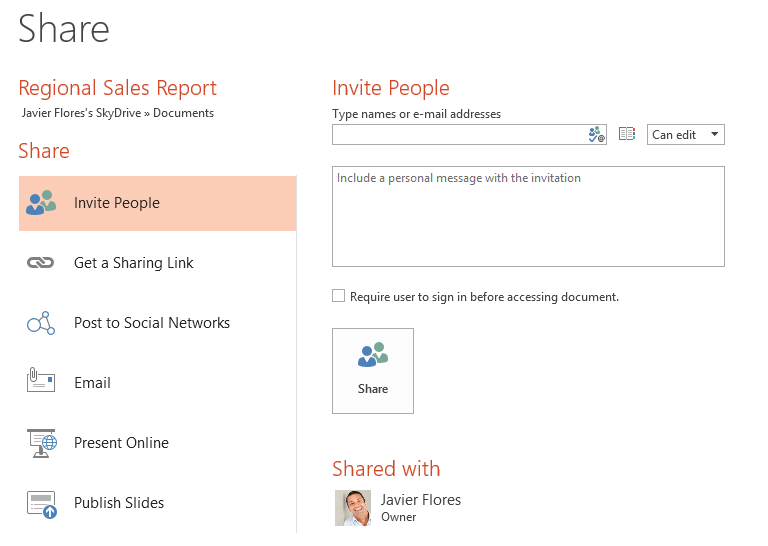 screenshot of the Share pane in PowerPoint 2013