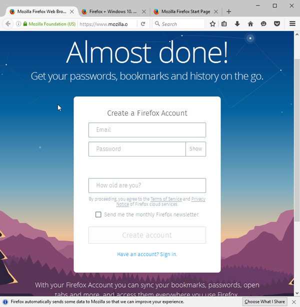 create a firefox account