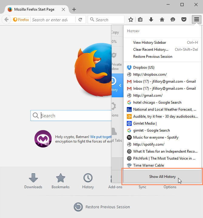 how to view browser history firefox