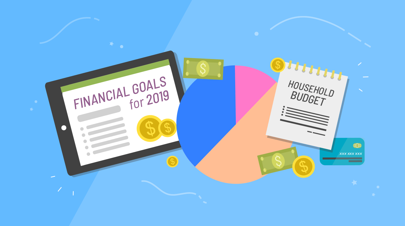 illustration of financial goals, a pie chart, a household budget, and a credit card