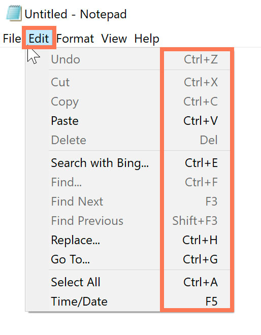 menu items with keyboard shortcuts