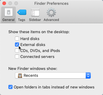 screenshot of the Finder preferences with External disks being selected