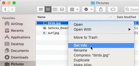 screenshot of right-clicking on a file and selecting Get Info