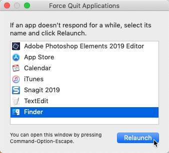 screenshot of relaunching Finder from the Force Quit menu