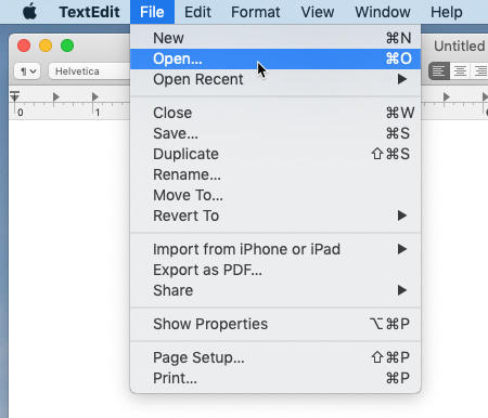 screenshot of opening a file using an app's File menu
