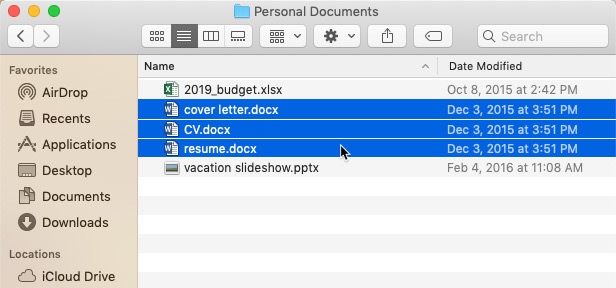 screenshot of selecting multiple files using the Shift key