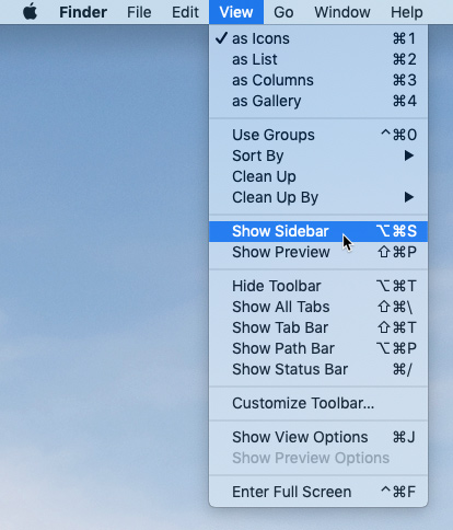 screenshot of the Show Sidebar command in the View menu