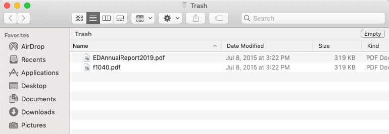 screenshot of the Trash folder