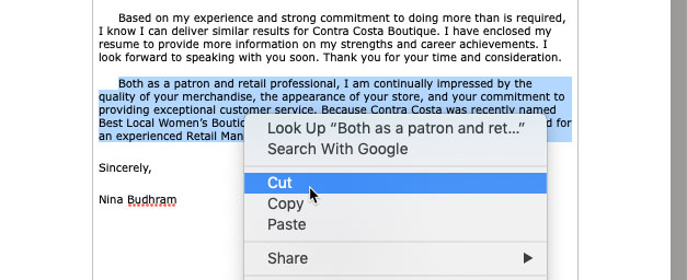 screenshot of clicking Cut after right-clicking selected text