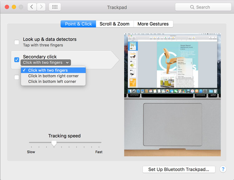 screenshot of the Trackpad menu