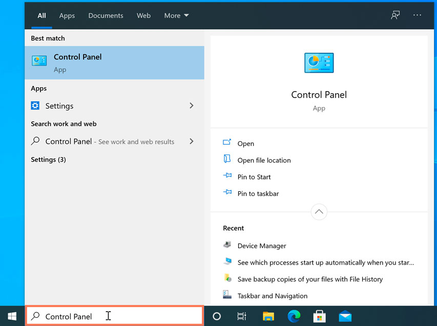 abriendo el Panel de control en Windows 10