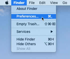 screenshot of selecting Preference's from Finder's menu