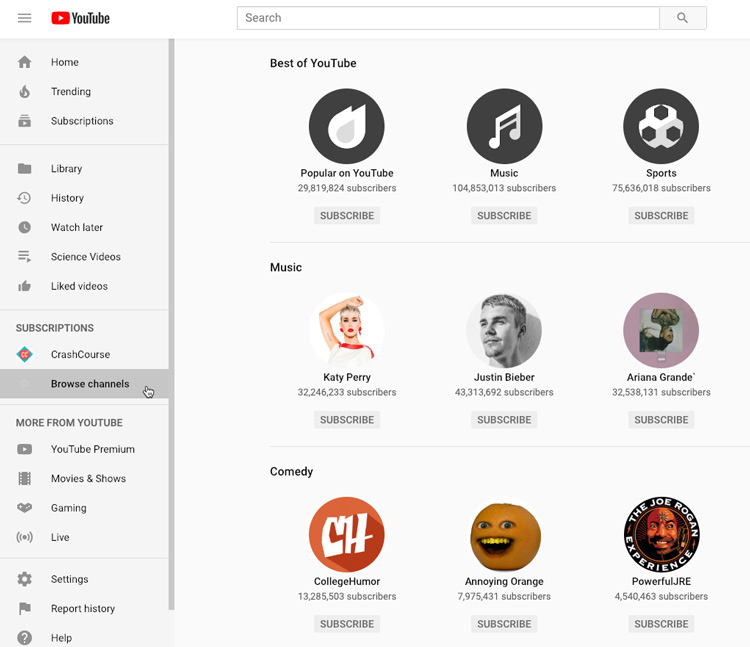 screenshot of the Browse Channels page on YouTube