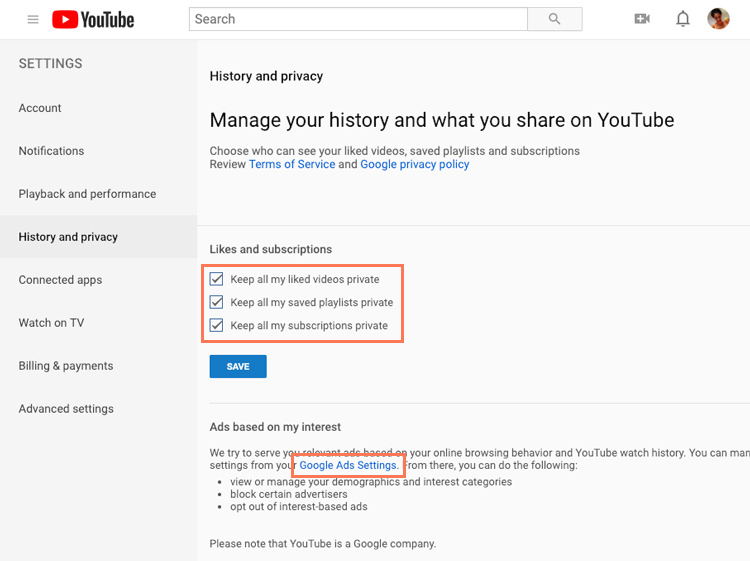 Youtube setting